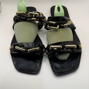 Vince Camuto Black Patent Slide Sandals with Gold Chain Detail